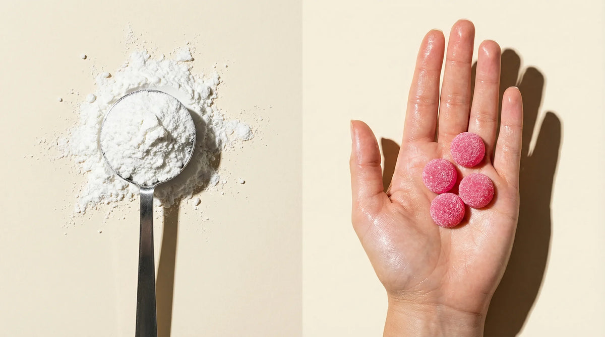 Scoop of creatine monohydrate powder next to creatine gummies