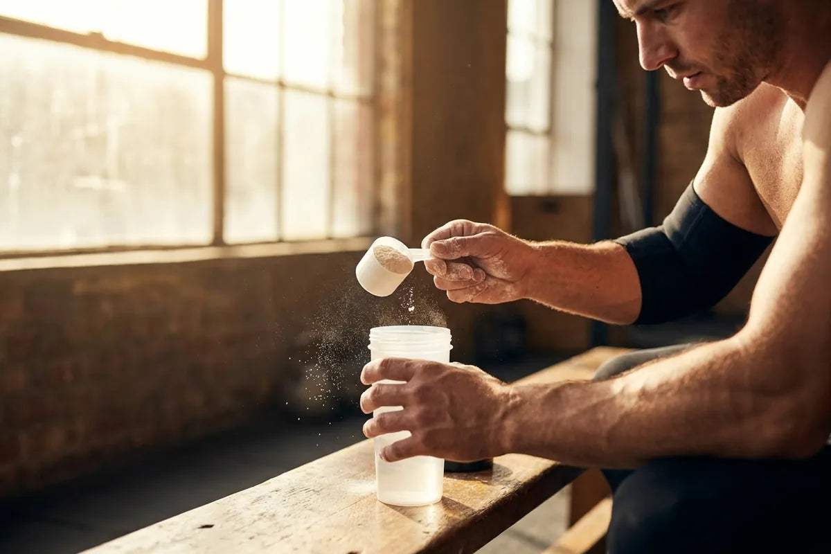 Athlete scooping creatine monohydrate powder into a shaker bottle in a gym