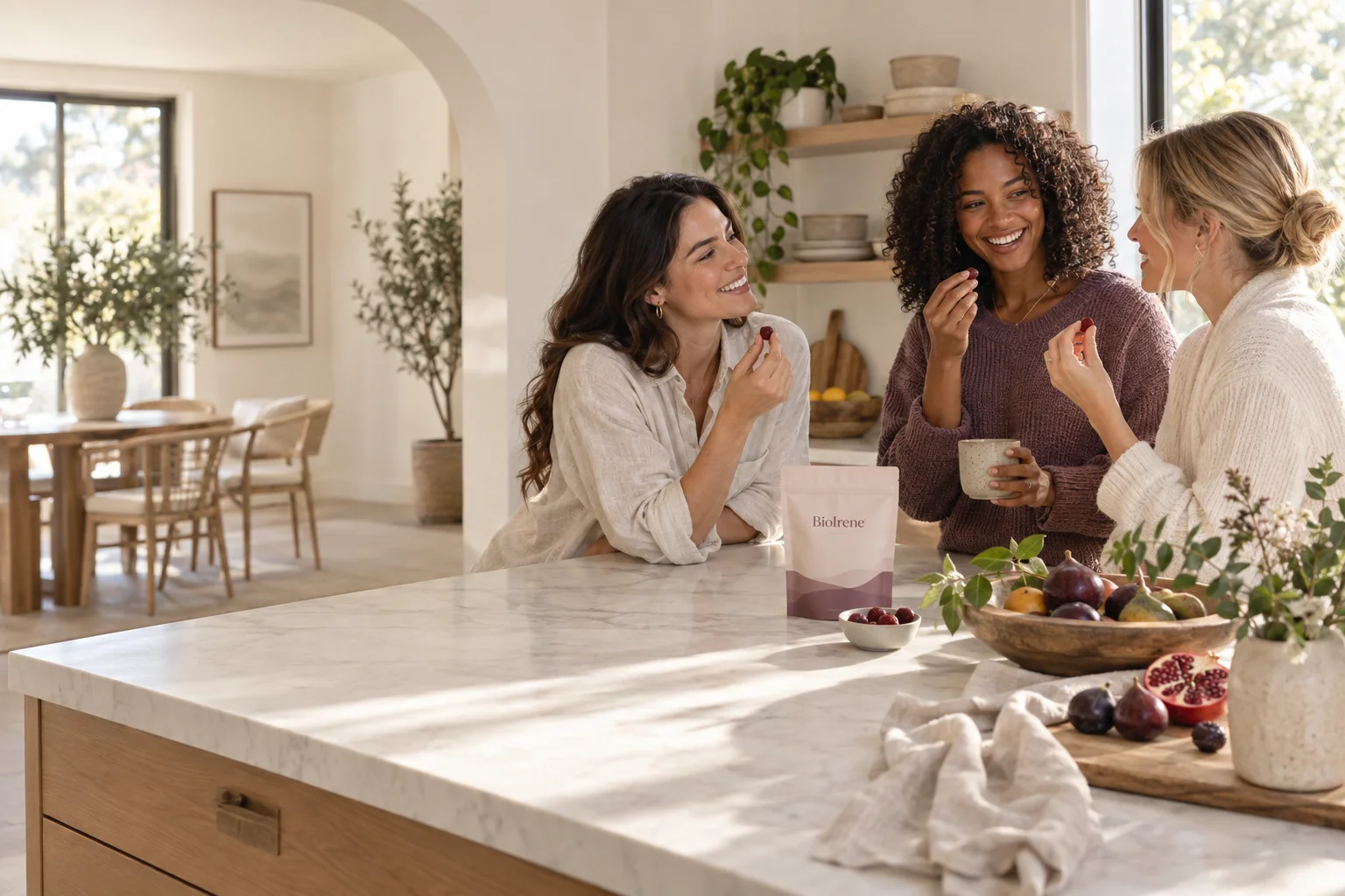 Friends sharing BioIrene gummies at home