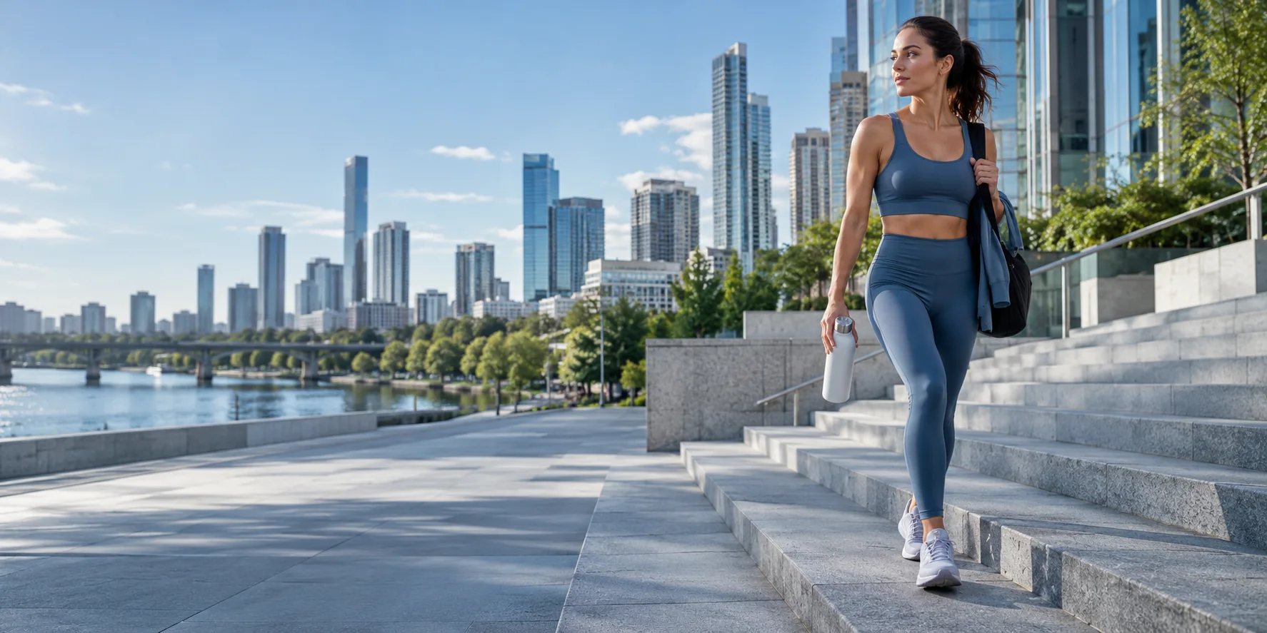 An active afternoon routine on contemporary city steps