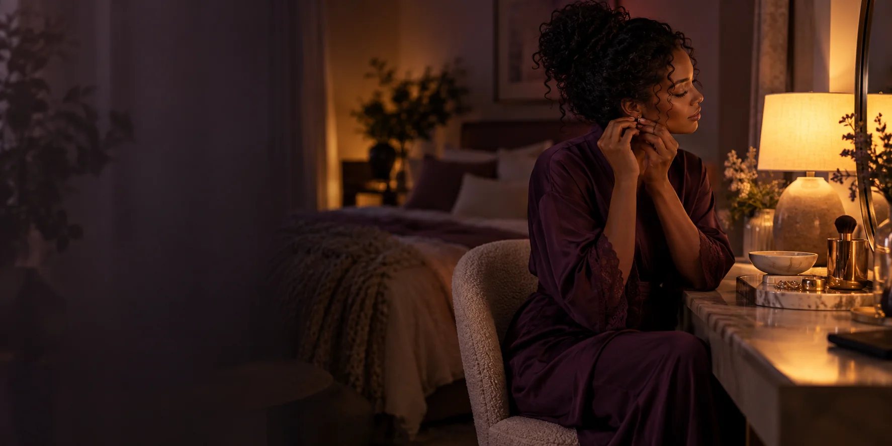 A quiet evening beauty ritual in plum and amber light