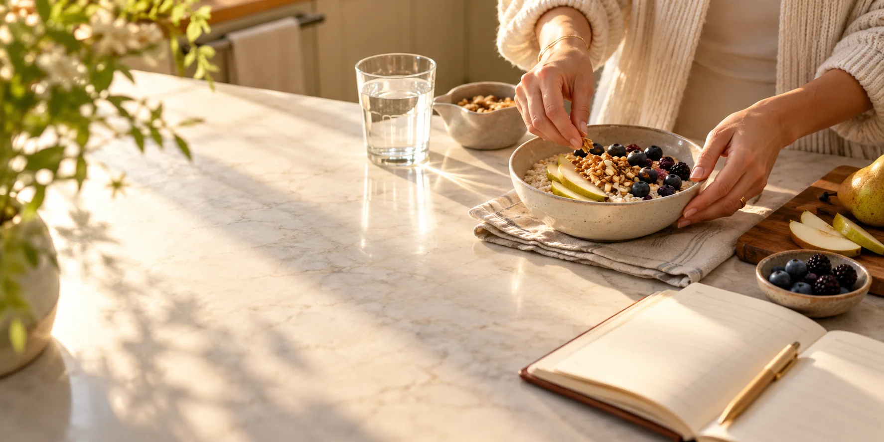 Hands preparing a balanced breakfast in warm morning light