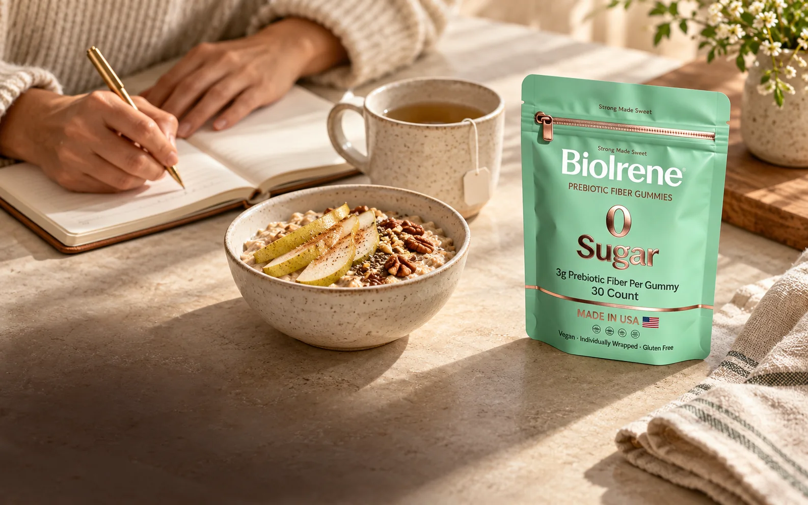 BioIrene Prebiotic Fiber Gummies beside a breakfast journal routine