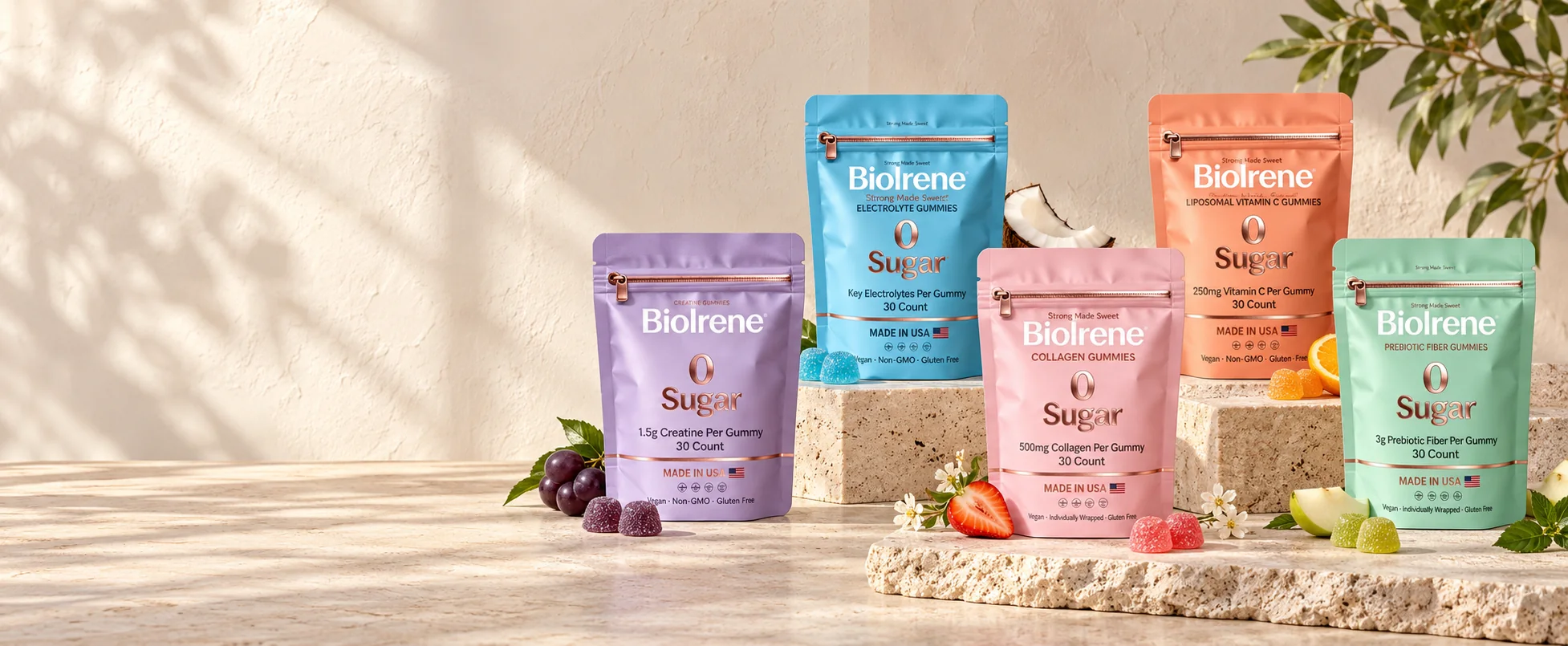 Five BioIrene gummy formulas arranged in a warm limestone setting
